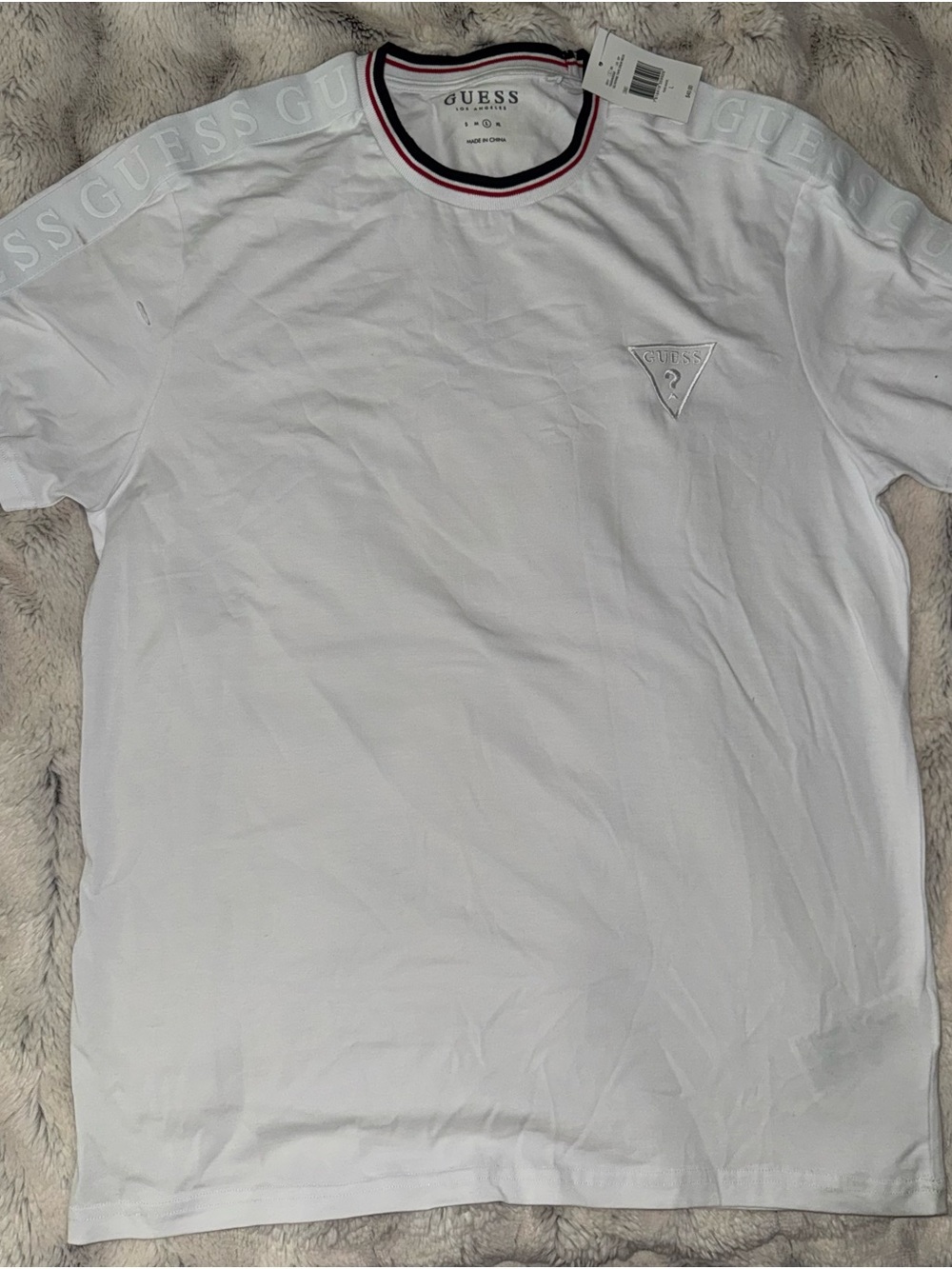 GUESS Men’s White Short-Sleeve Logo Crew with Red & Black Neck Trim